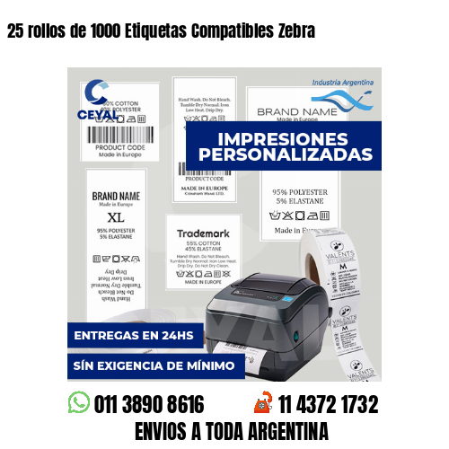 25 rollos de 1000 Etiquetas Compatibles Zebra 