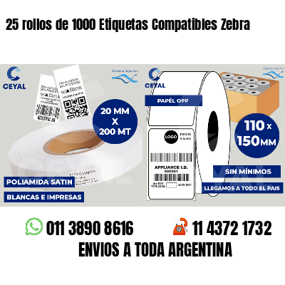 25 rollos de 1000 Etiquetas Compatibles Zebra 