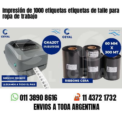 Impresión de 1000 etiquetas etiquetas de talle para ropa de trabajo