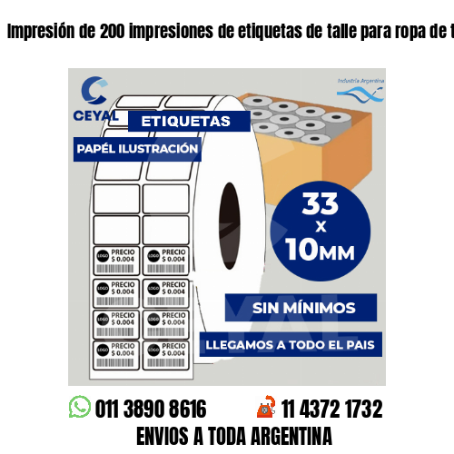 Impresión de 200 impresiones de etiquetas de talle para ropa de trabajo