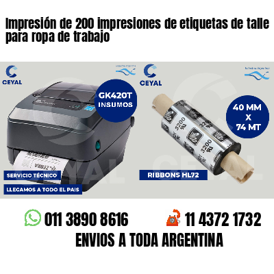Impresión de 200 impresiones de etiquetas de talle para ropa de trabajo