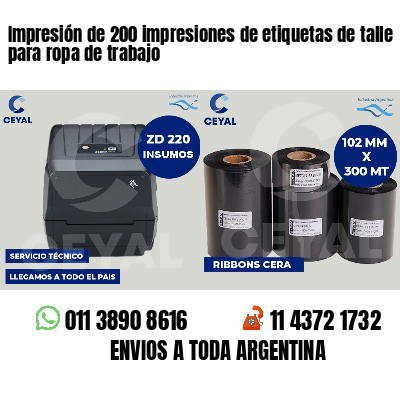 Impresión de 200 impresiones de etiquetas de talle para ropa de trabajo