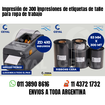 Impresión de 300 impresiones de etiquetas de talle para ropa de trabajo
