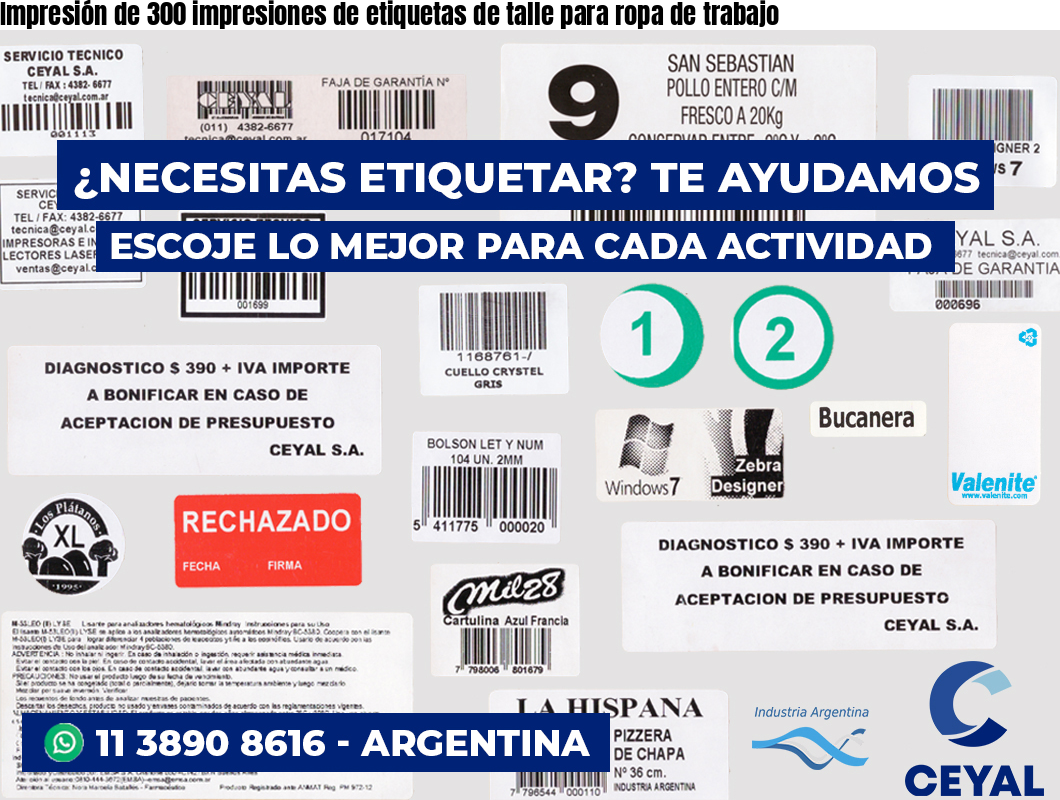 Impresión de 300 impresiones de etiquetas de talle para ropa de trabajo
