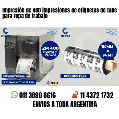 Impresión de 400 impresiones de etiquetas de talle para ropa de trabajo