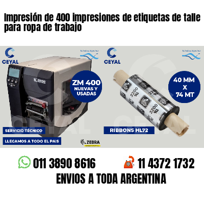 Impresión de 400 impresiones de etiquetas de talle para ropa de trabajo