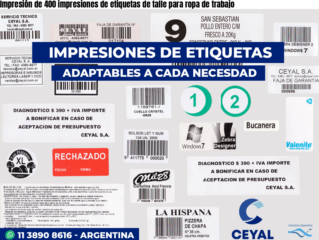 Impresión de 400 impresiones de etiquetas de talle para ropa de trabajo