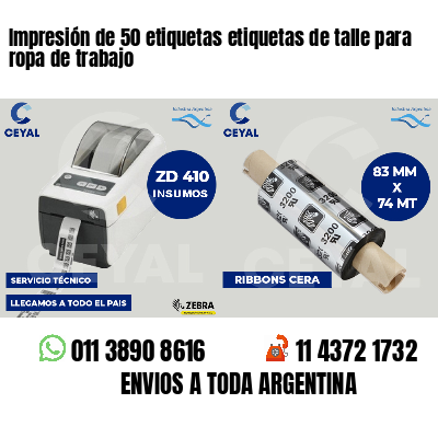 Impresión de 50 etiquetas etiquetas de talle para ropa de trabajo