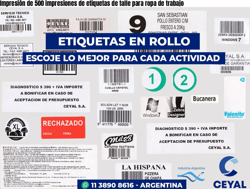 Impresión de 500 impresiones de etiquetas de talle para ropa de trabajo