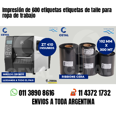 Impresión de 600 etiquetas etiquetas de talle para ropa de trabajo