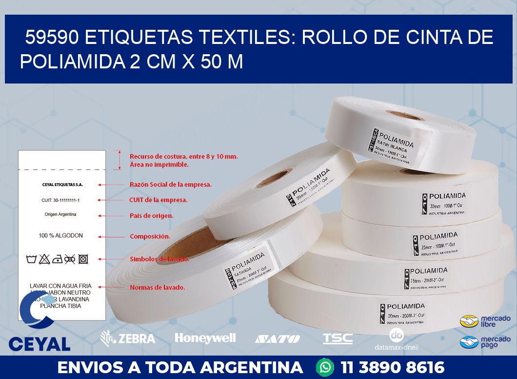 59590 ETIQUETAS TEXTILES: ROLLO DE CINTA DE POLIAMIDA 2 CM X 50 M