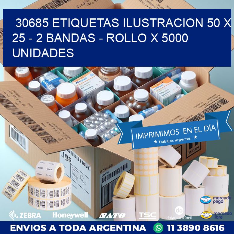 30685 ETIQUETAS ILUSTRACION 50 X 25 - 2 BANDAS - ROLLO X 5000 UNIDADES