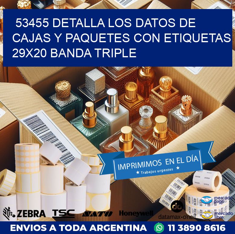 53455 DETALLA LOS DATOS DE CAJAS Y PAQUETES CON ETIQUETAS 29X20 BANDA TRIPLE