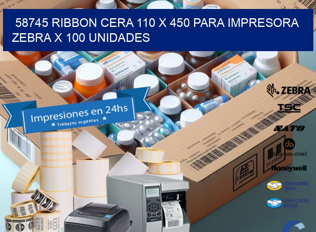 58745 RIBBON CERA 110 X 450 PARA IMPRESORA ZEBRA X 100 UNIDADES