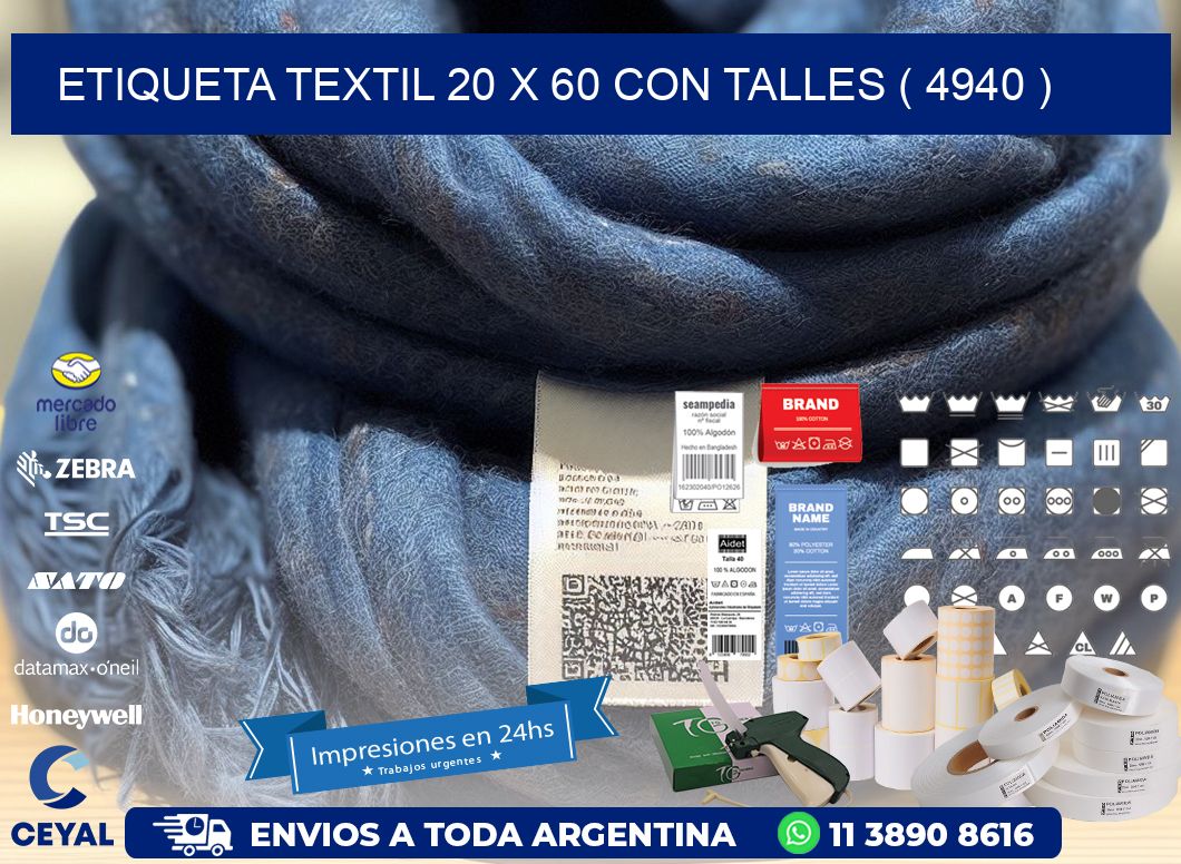 ETIQUETA TEXTIL 20 X 60 CON TALLES ( 4940 )