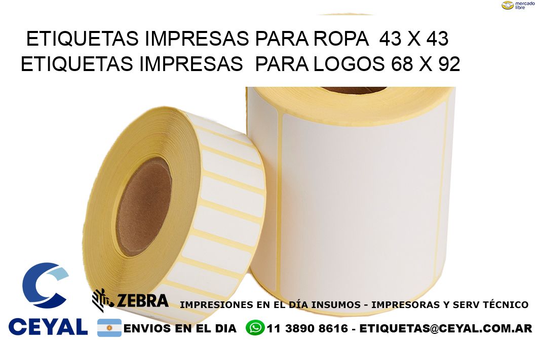 ETIQUETAS IMPRESAS PARA ROPA  43 x 43 ETIQUETAS IMPRESAS  PARA LOGOS 68 x 92