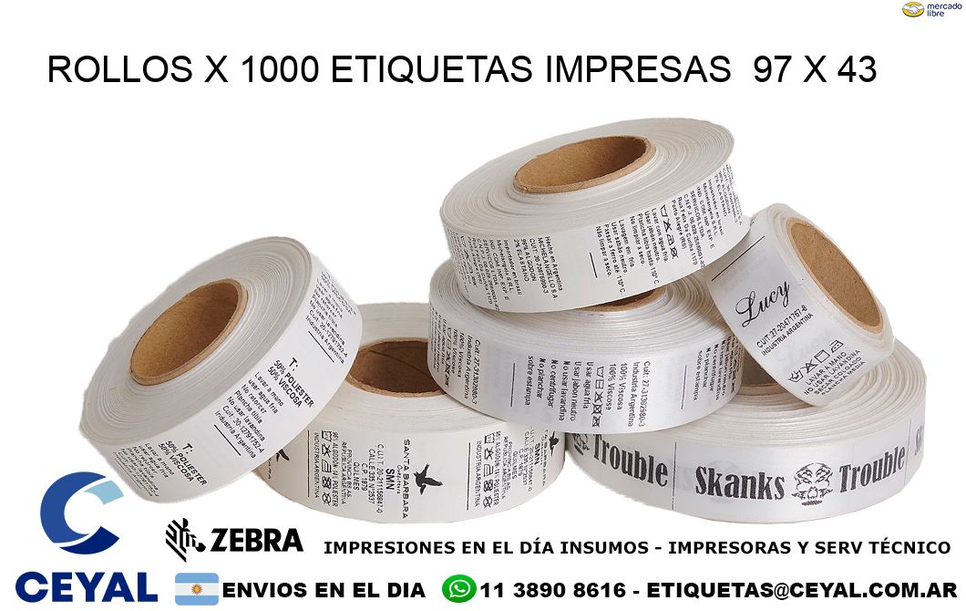 ROLLOS X 1000 ETIQUETAS IMPRESAS  97 x 43