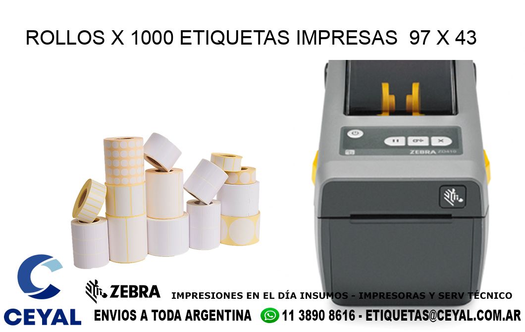 ROLLOS X 1000 ETIQUETAS IMPRESAS  97 x 43