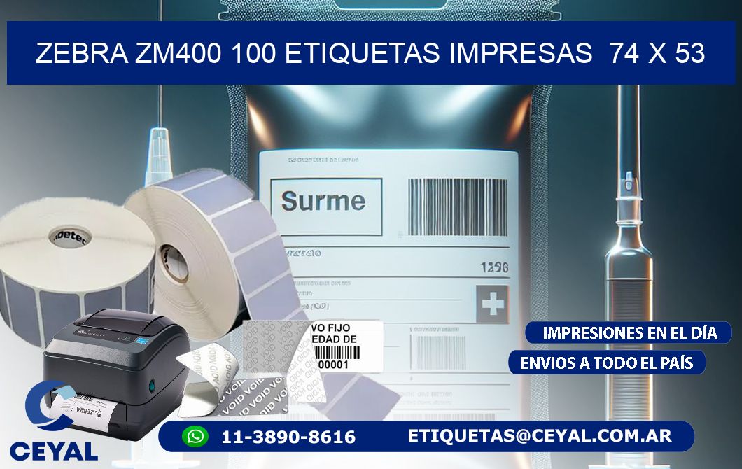 ZEBRA ZM400 100 ETIQUETAS IMPRESAS  74 x 53
