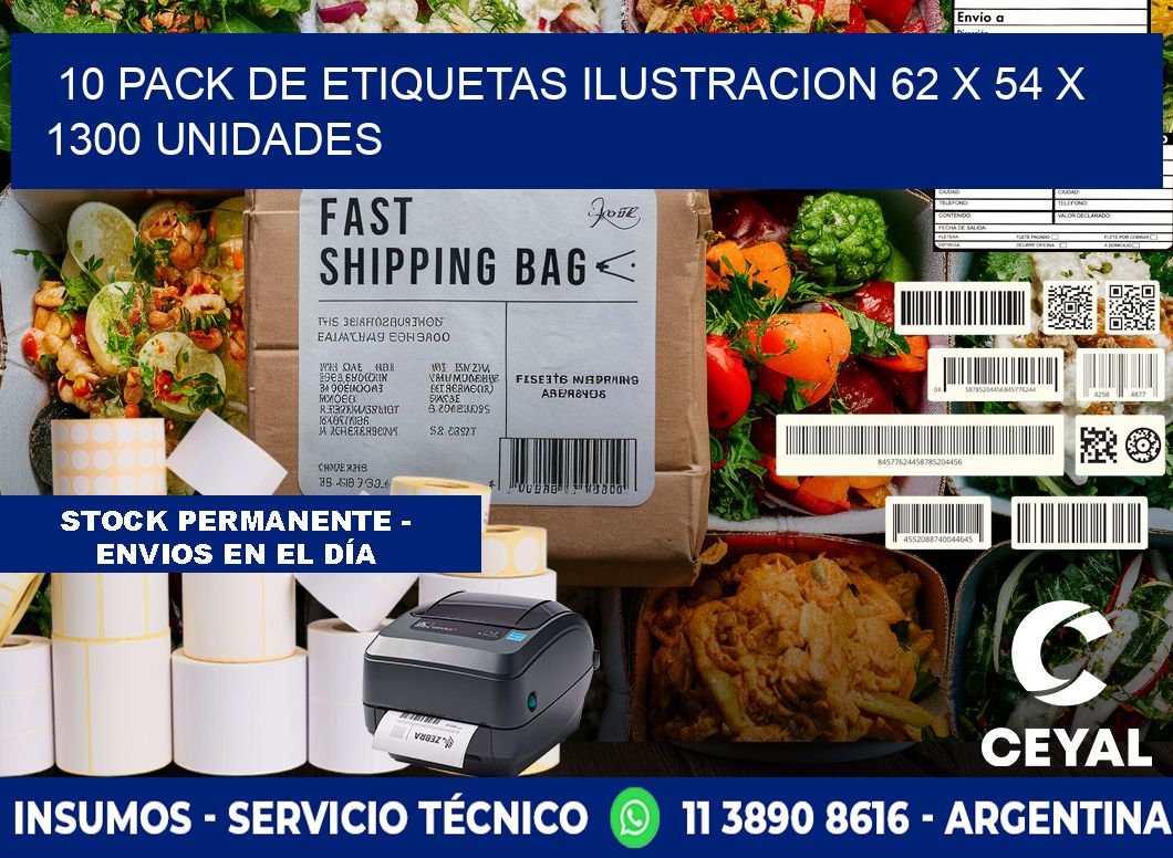 10 PACK DE ETIQUETAS ILUSTRACION 62 x 54 X 1300 UNIDADES