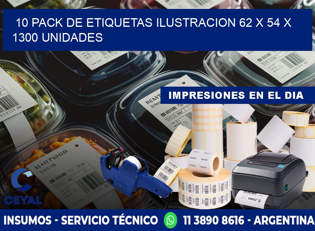 10 PACK DE ETIQUETAS ILUSTRACION 62 x 54 X 1300 UNIDADES