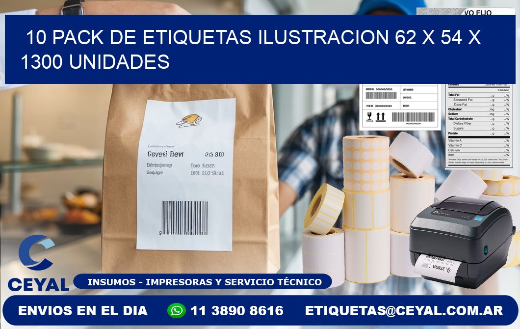 10 PACK DE ETIQUETAS ILUSTRACION 62 x 54 X 1300 UNIDADES