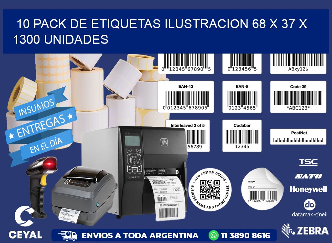 10 PACK DE ETIQUETAS ILUSTRACION 68 x 37 X 1300 UNIDADES