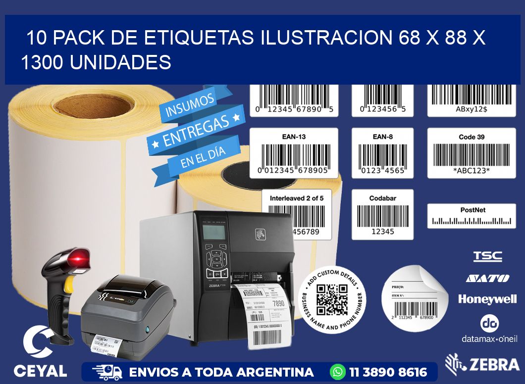 10 PACK DE ETIQUETAS ILUSTRACION 68 x 88 X 1300 UNIDADES