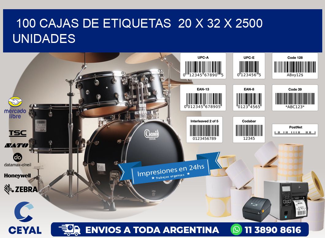 100 CAJAS DE ETIQUETAS  20 x 32 X 2500 UNIDADES