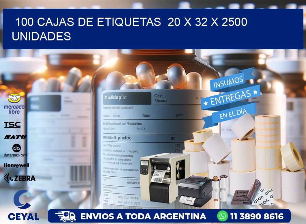 100 CAJAS DE ETIQUETAS  20 x 32 X 2500 UNIDADES