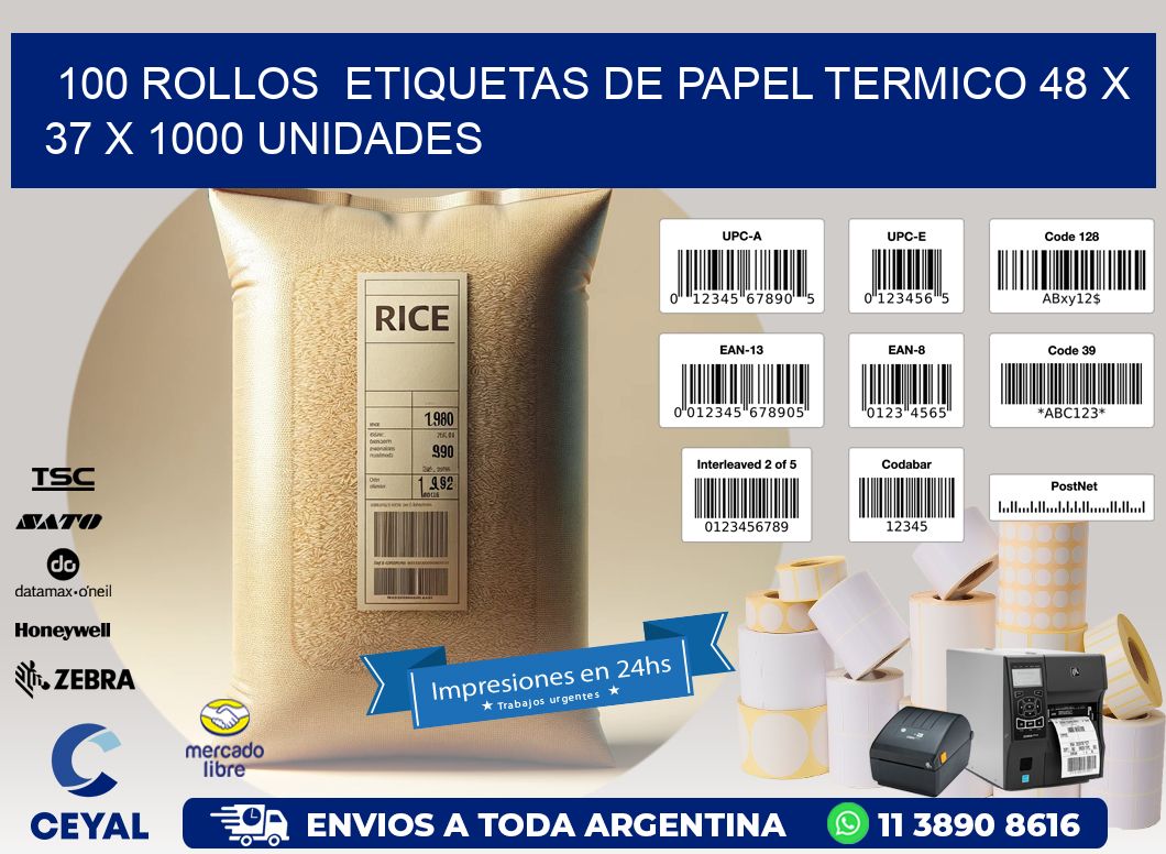 100 ROLLOS  ETIQUETAS DE PAPEL TERMICO 48 x 37 X 1000 UNIDADES