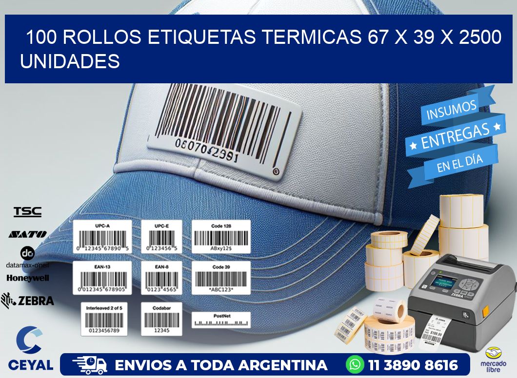 100 ROLLOS ETIQUETAS TERMICAS 67 x 39 X 2500 UNIDADES