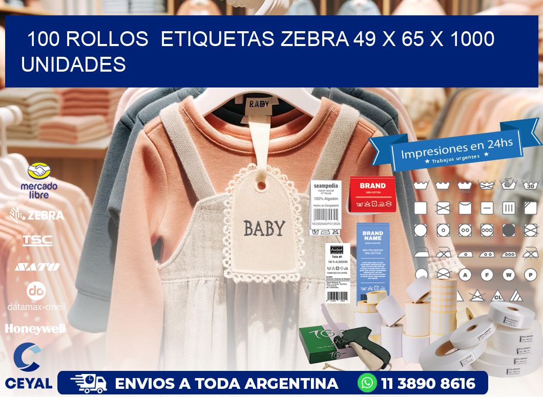 100 ROLLOS  ETIQUETAS ZEBRA 49 x 65 X 1000 UNIDADES