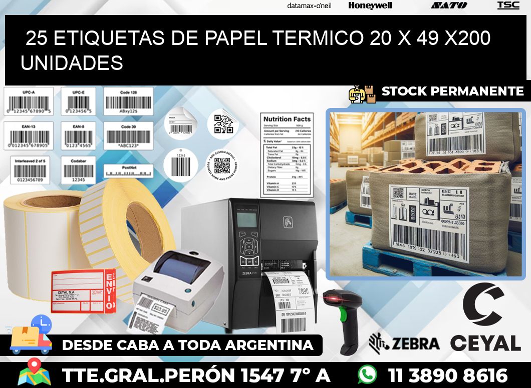 25 ETIQUETAS DE PAPEL TERMICO 20 x 49 x200 UNIDADES