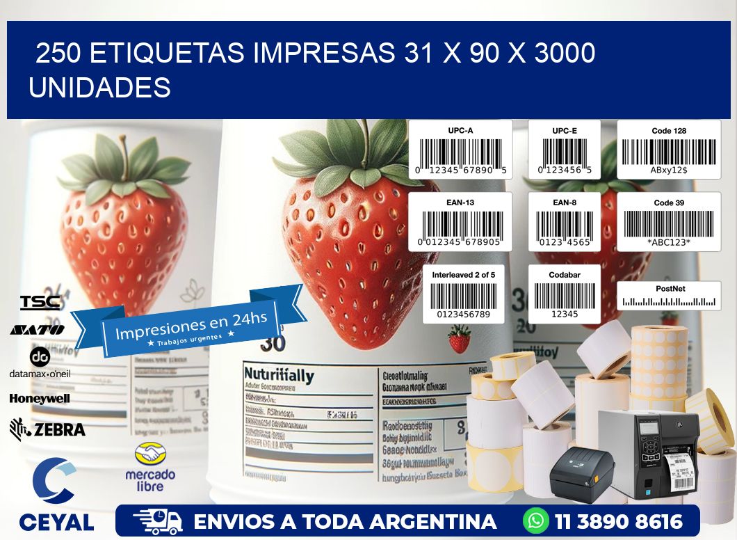 250 ETIQUETAS IMPRESAS 31 x 90 X 3000 UNIDADES