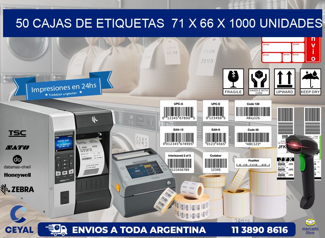 50 CAJAS DE ETIQUETAS  71 x 66 X 1000 UNIDADES