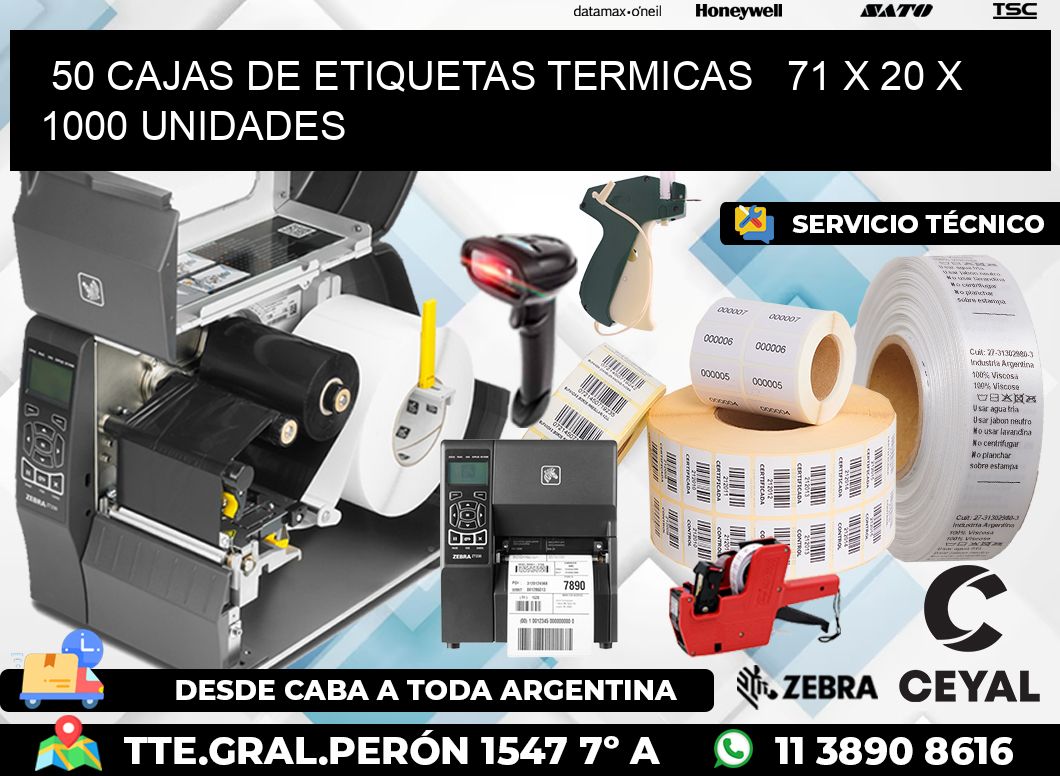 50 CAJAS DE ETIQUETAS TERMICAS   71 x 20 X 1000 UNIDADES