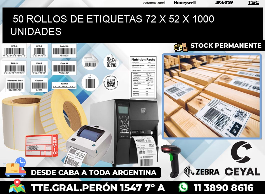 50 ROLLOS DE ETIQUETAS 72 x 52 X 1000 UNIDADES