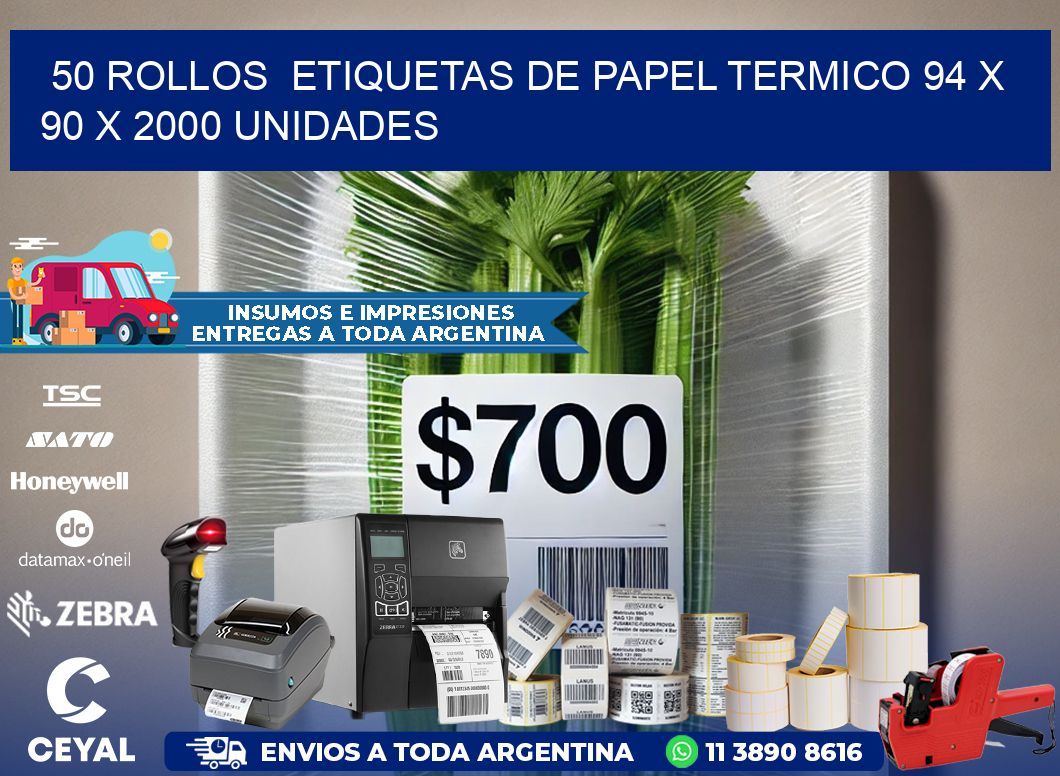 50 ROLLOS  ETIQUETAS DE PAPEL TERMICO 94 x 90 X 2000 UNIDADES