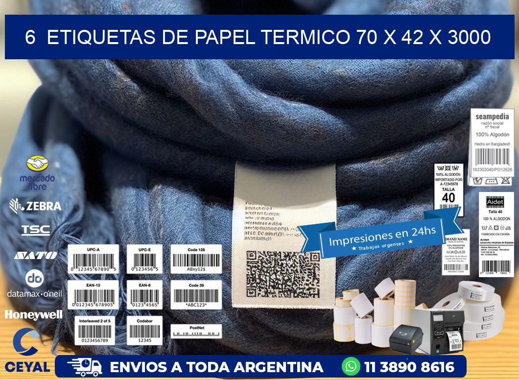 6  ETIQUETAS DE PAPEL TERMICO 70 x 42 X 3000