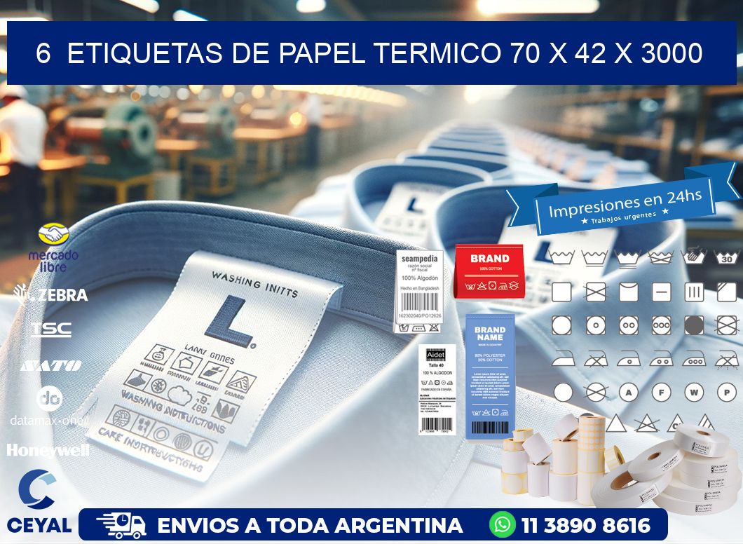 6  ETIQUETAS DE PAPEL TERMICO 70 x 42 X 3000