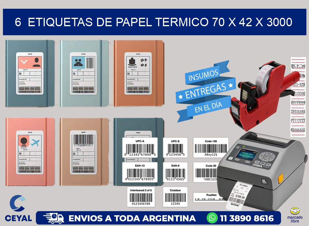 6  ETIQUETAS DE PAPEL TERMICO 70 x 42 X 3000