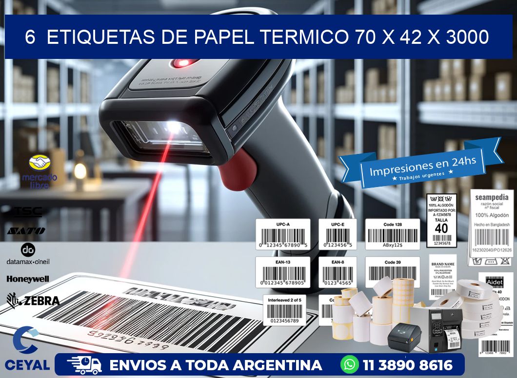 6  ETIQUETAS DE PAPEL TERMICO 70 x 42 X 3000