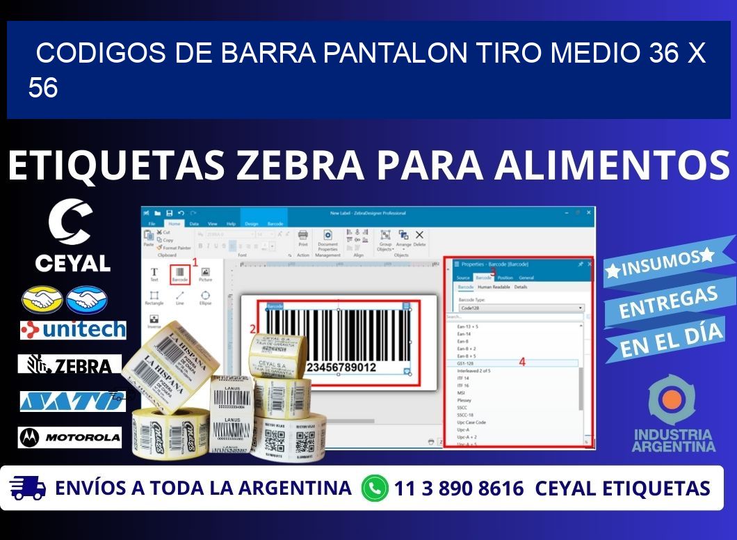 CODIGOS DE BARRA PANTALON TIRO MEDIO 36 x 56