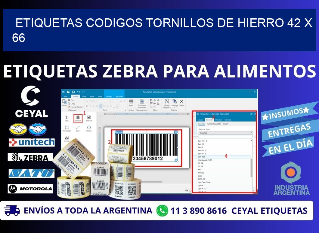 ETIQUETAS CODIGOS TORNILLOS DE HIERRO 42 x 66