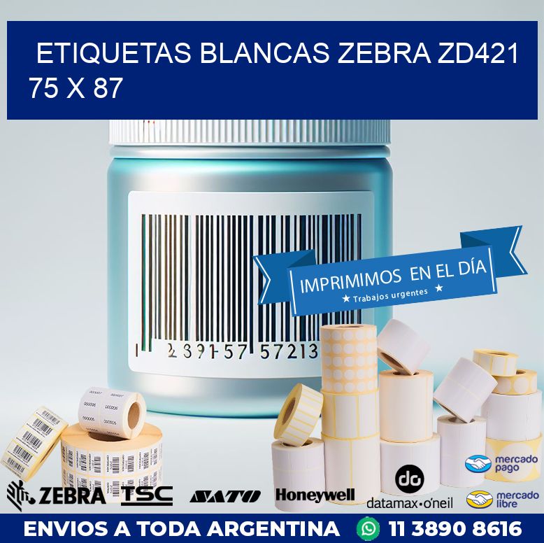 ETIQUETAS BLANCAS ZEBRA ZD421 75 x 87