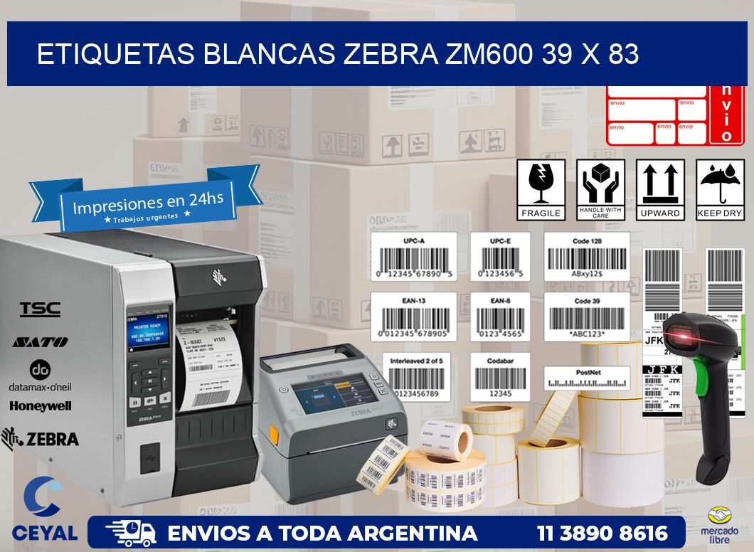 ETIQUETAS BLANCAS ZEBRA ZM600 39 x 83