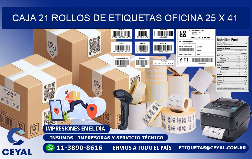 CAJA 21 ROLLOS DE ETIQUETAS OFICINA 25 x 41