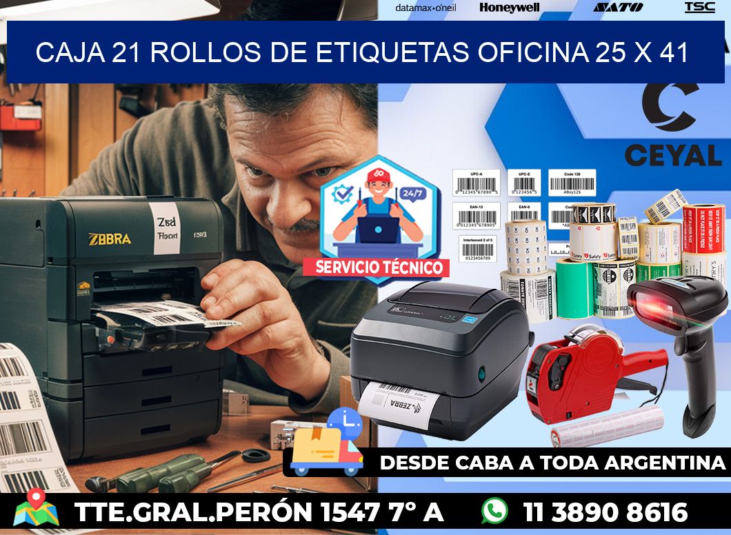 CAJA 21 ROLLOS DE ETIQUETAS OFICINA 25 x 41