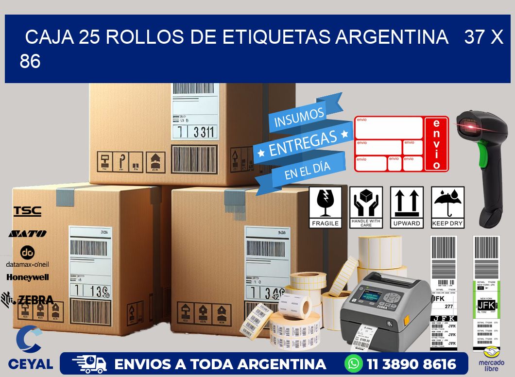CAJA 25 ROLLOS DE ETIQUETAS ARGENTINA   37 x 86